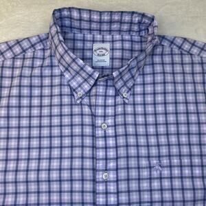 Brooks Brothers Men's 2XL Short Sleeve Button-Down Shirt Plaid Purple Blue White